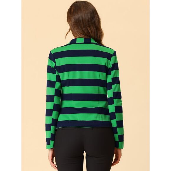 Notched Lapel Pocket Button Closure Striped Blazer Green Navy - Picture 4 of 6